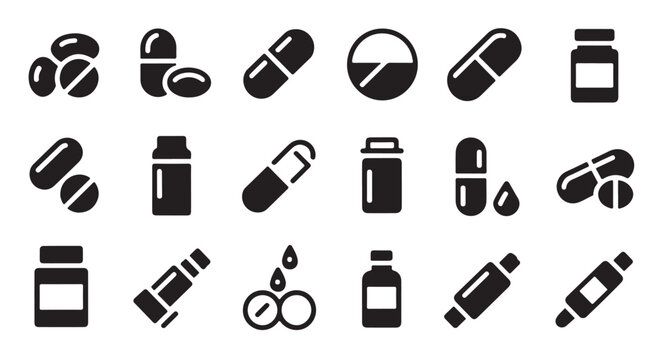 Pharmacy and medicine icons set with various capsules pills bottles and inhaler silhouettes.