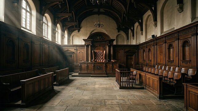 Historic Wooden Choir Stalls and Altar in an Old Church Interior.