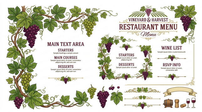 Vineyard restaurant menu template set with grapevine illustrations and wine list layout design