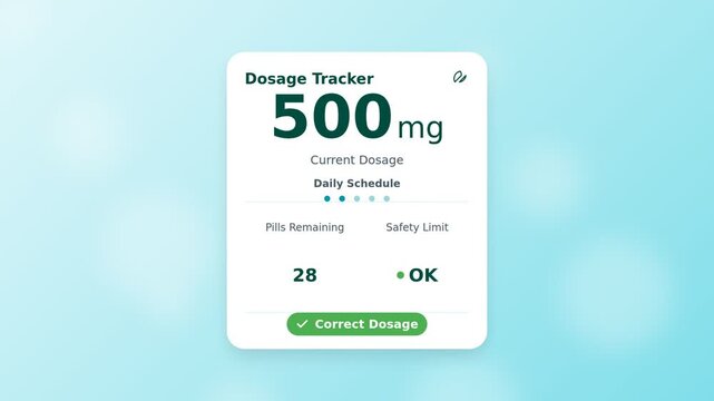 Healthcare medication tracker card with pill icon and dosage schedule timeline on cold blue white soft mint background