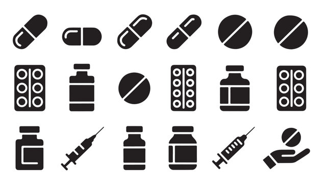 Collection of pharmaceutical icons including medication tablets pills and pill blister.