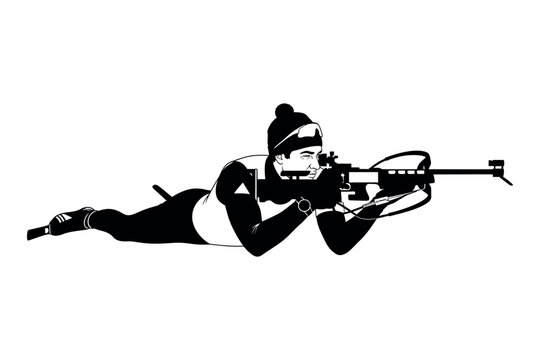 Biathlon silhouette a female athlete in prone position aiming with a rifle winter sport