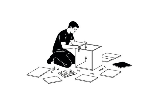 Silhouette of a person assembling furniture a cabinet with tools scattered around