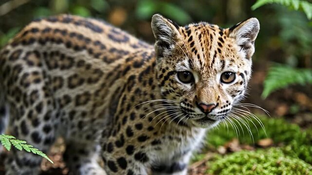 Close-Up Of An Ocelot Prowling Through A Lush Green Forest Displaying Spotted Fur And Alert Expression In Its Natural Habitat