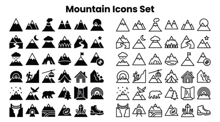 Fototapeta premium Mountain icons set featuring various mountain peaks and landscape illustrations