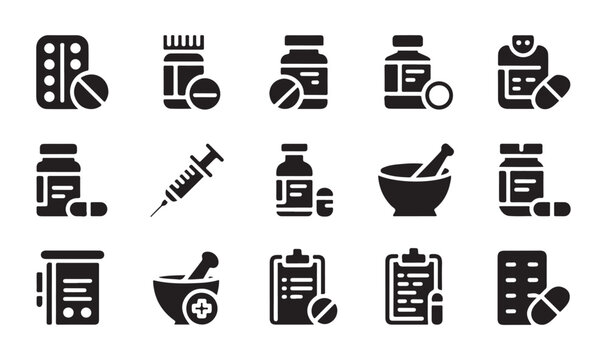 Medical pharmacy icons showing medicine bottles syringes mortar pestle and drug labels.