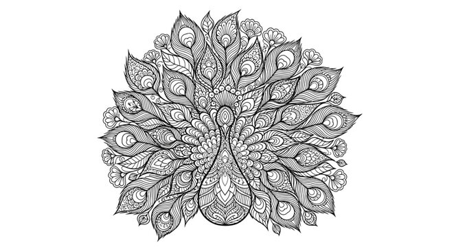 Intricate peacock line art illustration with detailed feathered tail