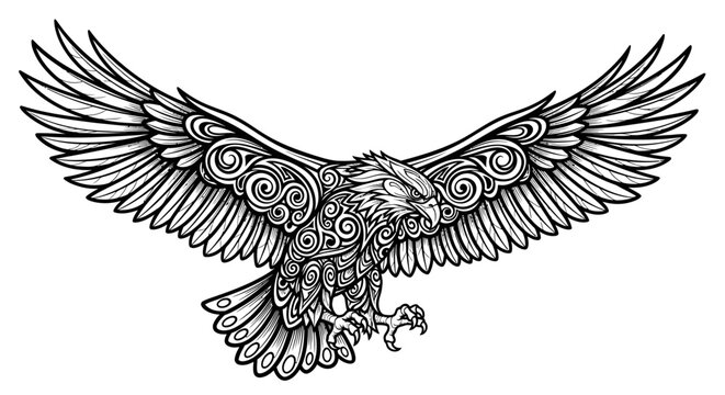 Intricate eagle flying with spread wings line art.