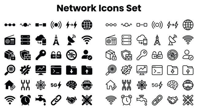 Network icons set including various communication symbols and technology graphics