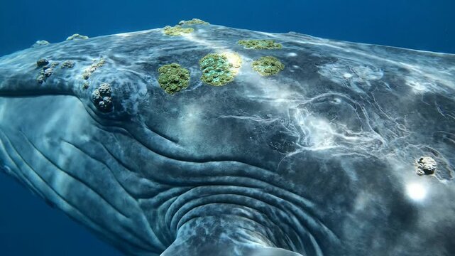 Close-Up Of Majestic Gray Whale Swimming In Ocean Waters Showcasing Textured Skin And Barnacles, Illustrating Marine Life And Underwater Ecosystems