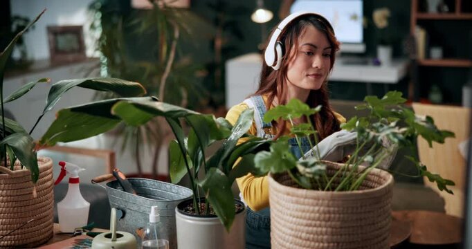 Woman, headphones and home with plants for gardening, botany or natural decor design. Female person, florist or botanist with greenery, leaves or music in therapeutic environment for horticulture