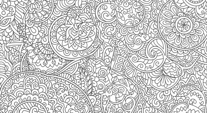 Intricate hand-drawn paisley and floral pattern coloring page design.
