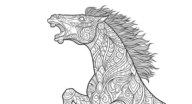 Intricate horse head line art illustration on white background.