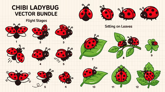 Cute chibi ladybug vector bundle showing flight stages and sitting on green leaves cartoon illustration.