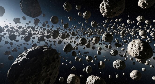 Stunning Asteroid Field in Deep Space with Numerous Celestial Bodies.