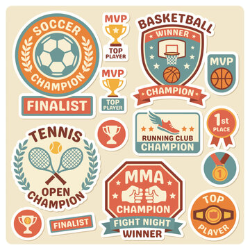 Various sports awards and medals icons on a beige background with soccer, basketball, tennis, and MMA themes.