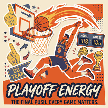 A basketball player in mid-air, wearing a blue uniform, jumps to score a point, surrounded by energetic illustrations and scoreboards showing a tight game.