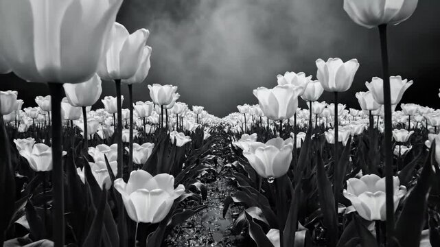 Black and white monochrome view of a tulip field with rows of white flowers and a gloomy cloudy sky in the background