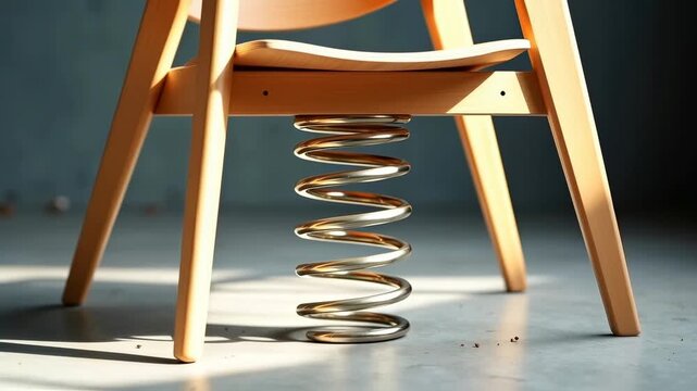 Wooden chair with visible metal spring underneath, showcasing gradual light changes and reflections on the spring in a minimalistic indoor setting