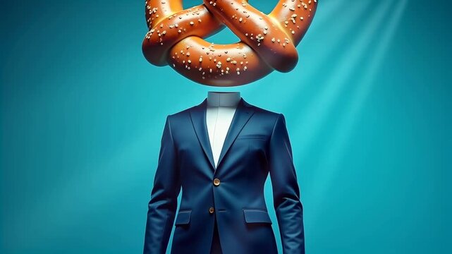 Man in blue suit with pretzel head stands against a blue background, showcasing a unique and whimsical visual concept with a playful twist on traditional attire
