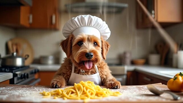 Dog wearing chef hat and apron playfully prepares pasta on kitchen counter, with flour scattered and kitchen utensils visible in the background