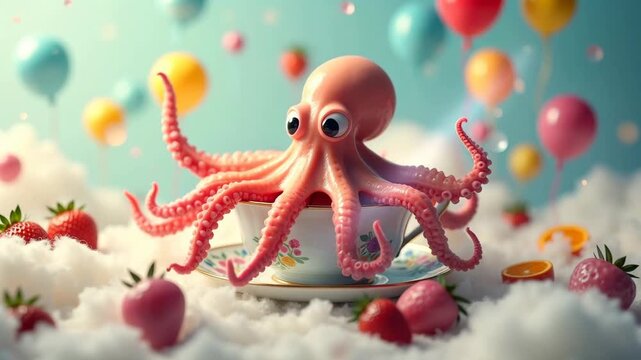 Pink octopus with large eyes sits in a decorative teacup surrounded by strawberries and colorful balloons on a fluffy cloud background