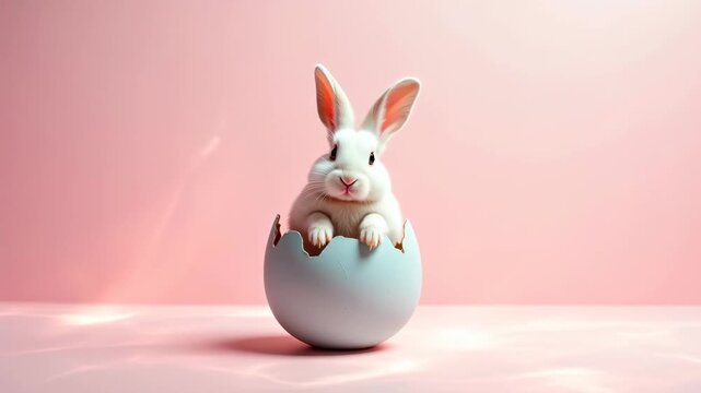 White rabbit emerging from a cracked blue eggshell, sitting on a pink surface, showcasing a playful and whimsical scene with soft lighting and pastel colors