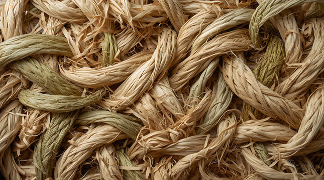 Top-down close-up photograph of raw sustainable eco-fiber materials with intertwined strands of natural beige and sage green raffia straw texture.