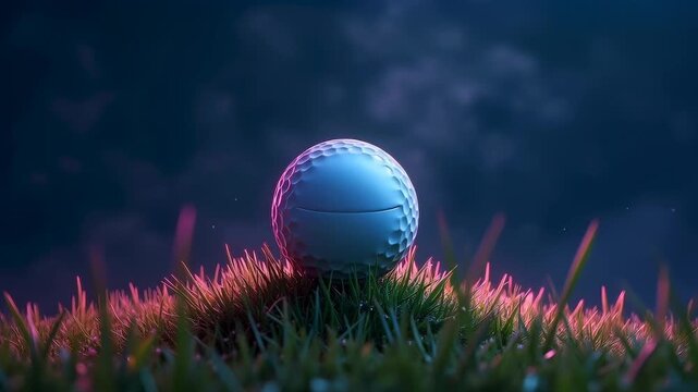 Golf ball with an eye design sits on grass under a stormy sky, illuminated by purple lightning, showcasing a surreal and imaginative visual concept in a dramatic setting