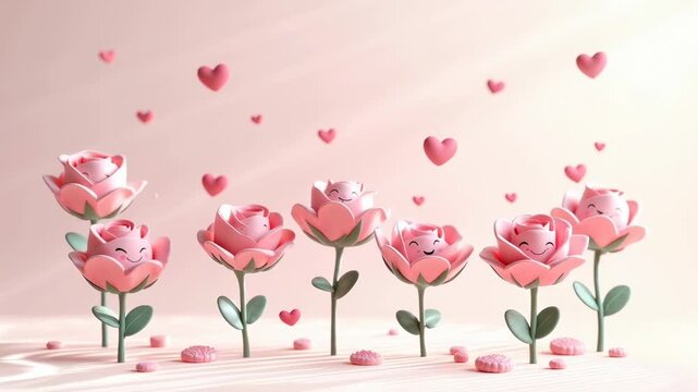 Colorful paper roses with smiling faces and floating hearts create a whimsical scene, showcasing a playful arrangement on a soft pink background