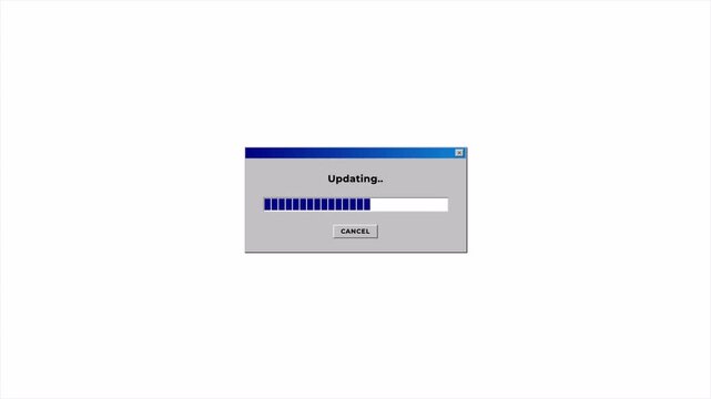 Vintage operating system update window showing loading bar glitch, classic computer interface error 4k video