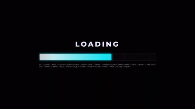 Glitched loading animation with scrolling alphanumeric code, futuristic data interface 4k video