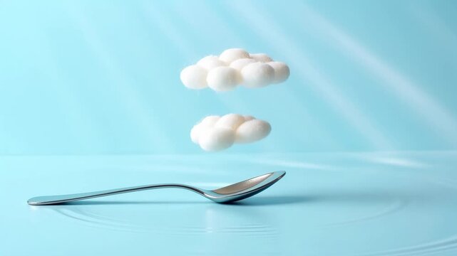 Floating clouds of sugar above a silver spoon on a blue background, creating a whimsical visual of sweetness and lightness in a creative culinary setting
