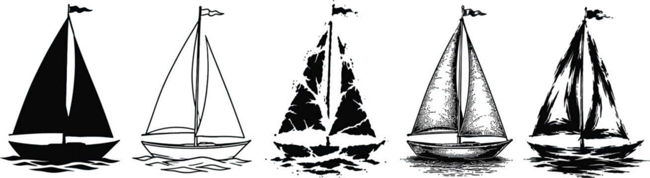 Sailboats set sail across calm waters in a serene silhouette eps illustration