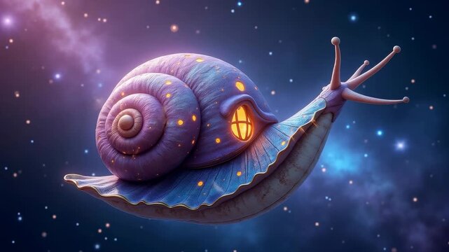 Colorful snail with a glowing window on its shell glides through a starry space background, showcasing its unique spiral shell and vibrant colors in a whimsical setting