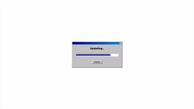 Vintage computer system update dialog box with loading bar, retro software interface glitch 4k video