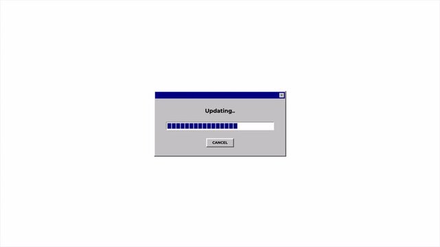 Retro computer software update dialog with loading glitch, vintage system installation screen 4k video