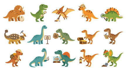 Obraz premium Playful Dinosaur Paleontology Explorer Characters Flat Vector Set for Education and Prehistoric Discovery