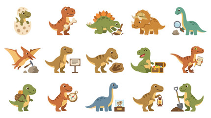 Fototapeta premium Cute Cartoon Dinosaurs in Various Activities, Flat Design Style