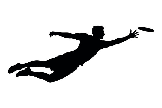 Dynamic silhouette of a person leaping to catch a flying disc athletic action shot
