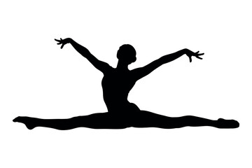 Dynamic silhouette of a dancer performing a full split with arms extended gracefully © graphixarrow