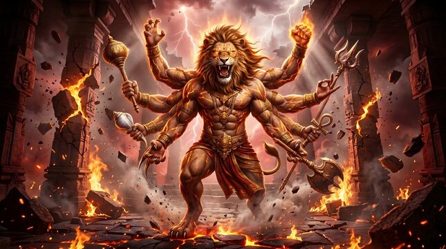Lord narasimha Divine lion deity manifesting power amidst ancient temple ruins fire