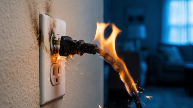 Electrical outlet catching fire with burning plug and sparks. Short circuit in home wall socket. Faulty wiring and domestic fire hazard concept