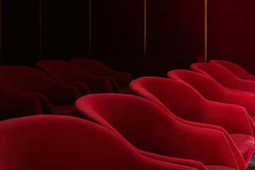 Rows of plush red theater seats sit empty in dim lighting, awaiting an audience. © hippomyta