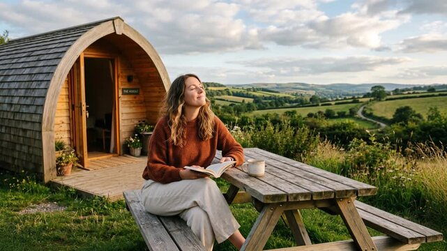 Young woman reading book while sitting outside glamping pod. Female tourist resting at wooden cabin in green countryside. Summer vacation and outdoor recreation concept