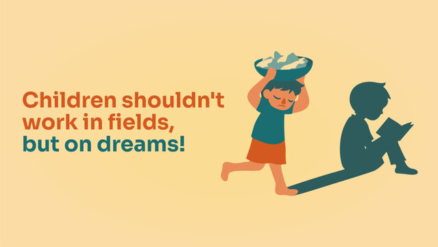 World Day Against Child Labour web banner concept. Child carrying heavy load with shadow reading a book. Stop child labor horizontal background, cover or vector header illustration.