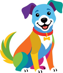 Naklejka premium Colorful cartoon dog with multicolored fur and a bone shaped tag on collar sits on white background