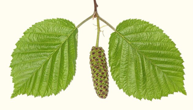 Oval alder leaves and small woody cones with catkins isolated on white background, riparian nitrogen-fixing tree botanical close-up
