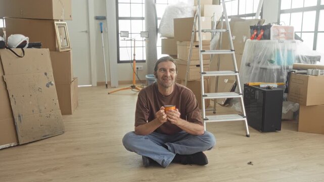 Man seated cross legged holding orange coffee mug with hands, looking up amid packed boxes, ladder, hard hat and tools in a building; moving day serenity.