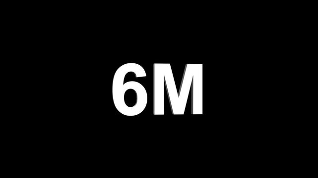 Glowing colorful light text 6m number. glowing sign effect fluorescent text for social media follower subscription motion.